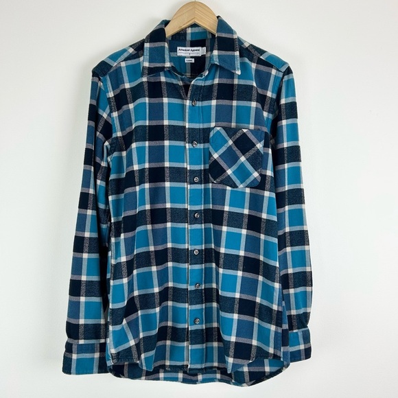 American Apparel Blue Plaid Cotton Flannel Men's‎ Button Down Shirt - Picture 2 of 7